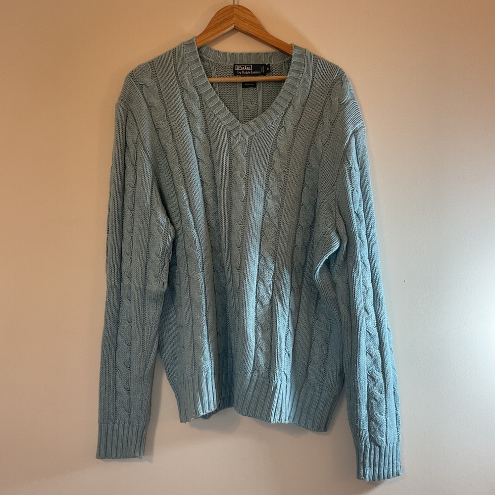 Polo Ralph Lauren Mens XL Blue 100% Silk Cable Knit V-Neck Sweater